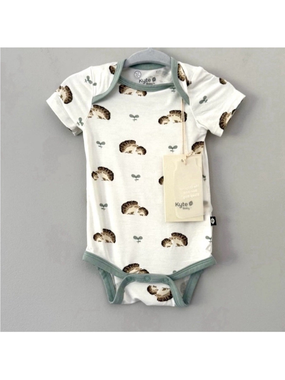 Kyte BABY Cream Hedgehog Print Short Sleeve One-Piece with Sage Trim